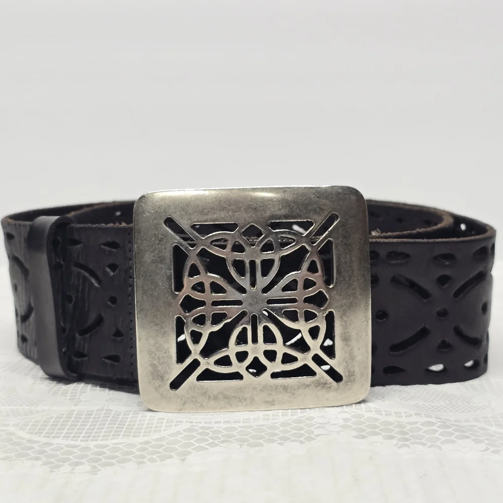 Vintage Dark Brown Leather Belt with Silver Filigree Buckle